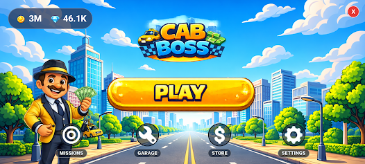Cab Boss title screen with Play button and a taxi company character