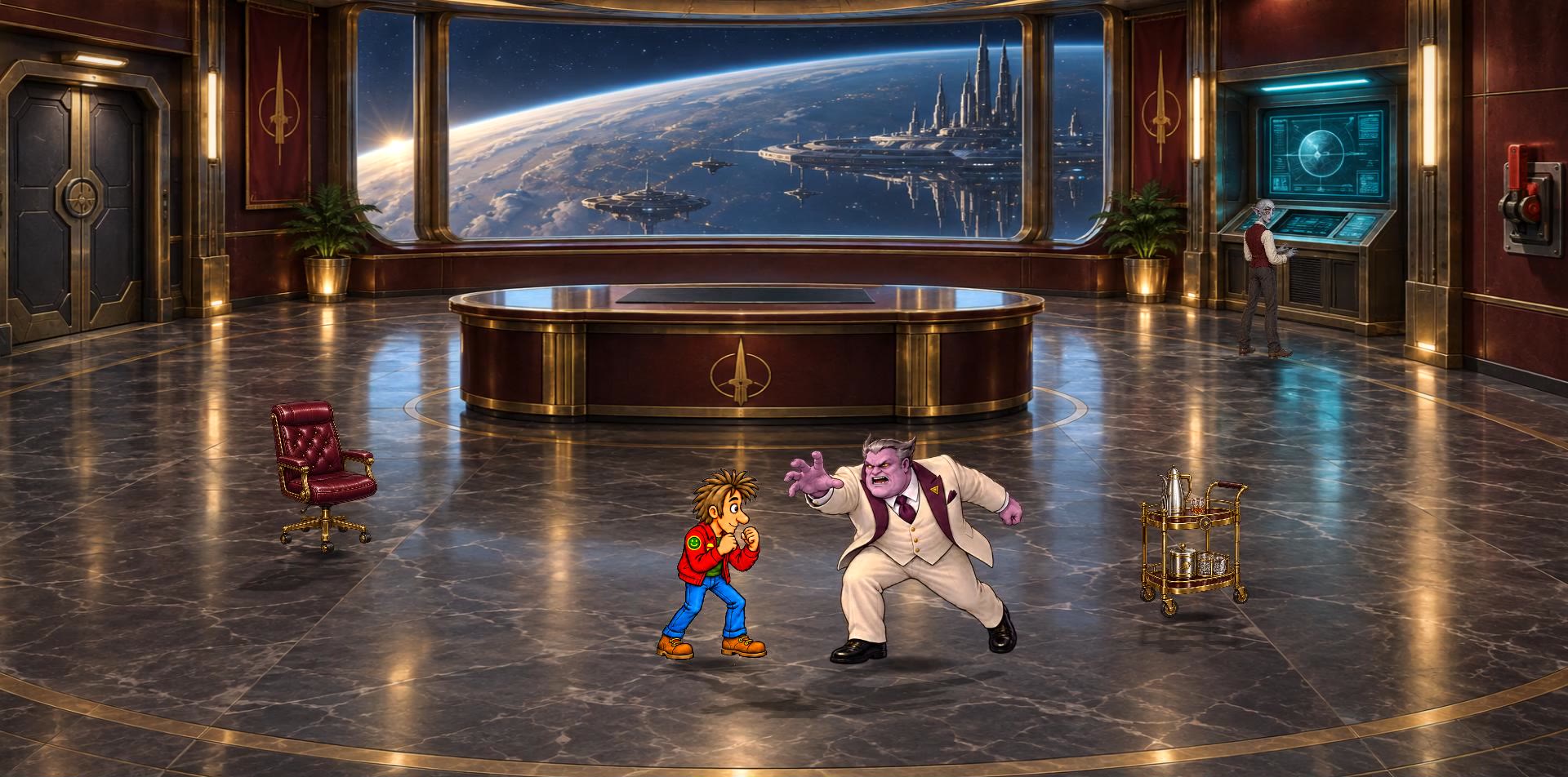 Wil confronts an adversary aboard a space station
