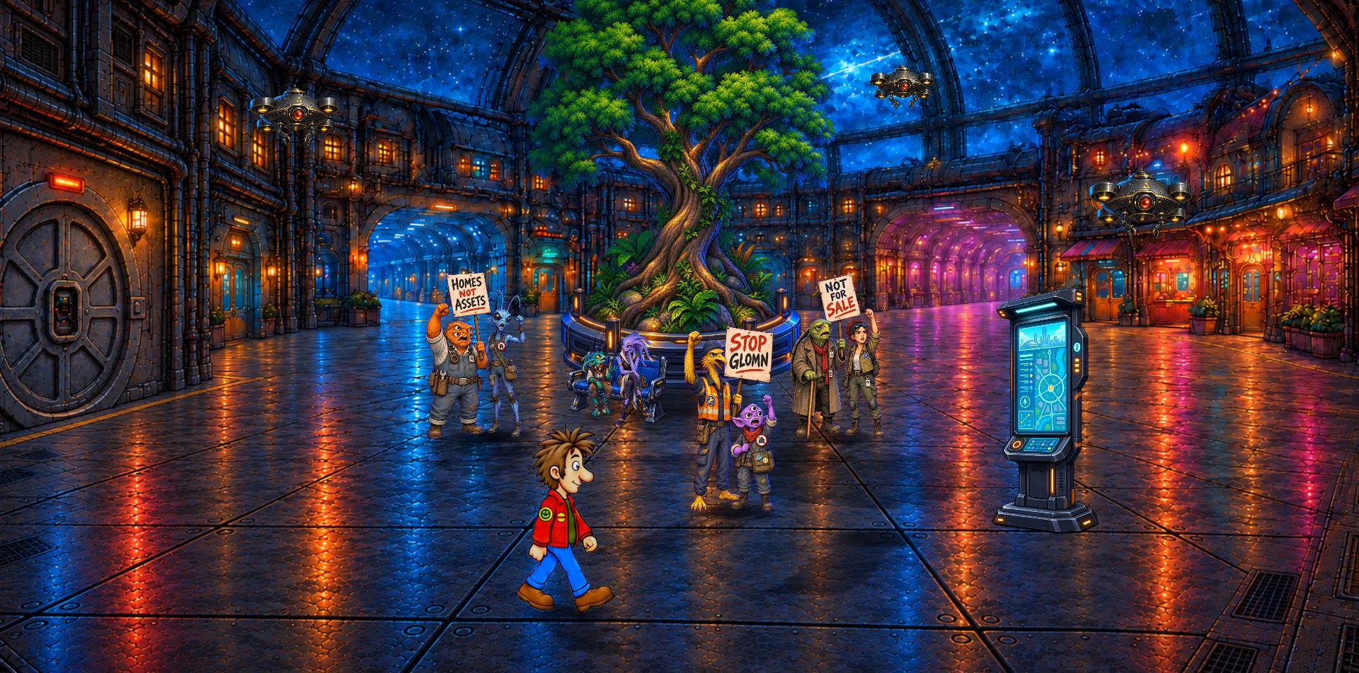 Wil walks past a crowd in the Space Bumps station